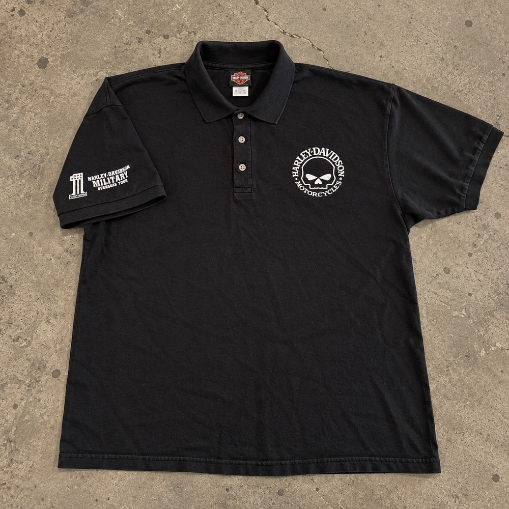 Harley Davidson military overseas 90s grunge Skull black polo shirt 2XL